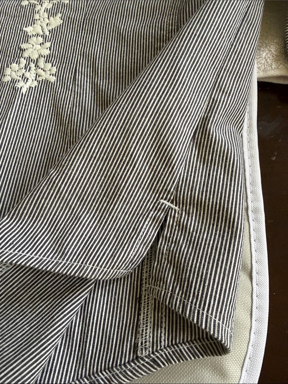 Denim & Co Gray Pinstripe Button-Down Shirt with White Floral Embroidery - Picture 8 of 8
